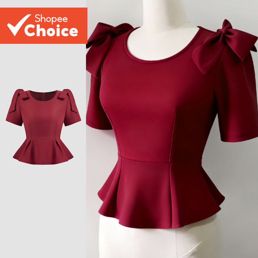 Lovito Blusa Feminina Casual para o Dia dos Namorados, Laço com Babado na Barra, Blusa Vermelha Primavera/Verão