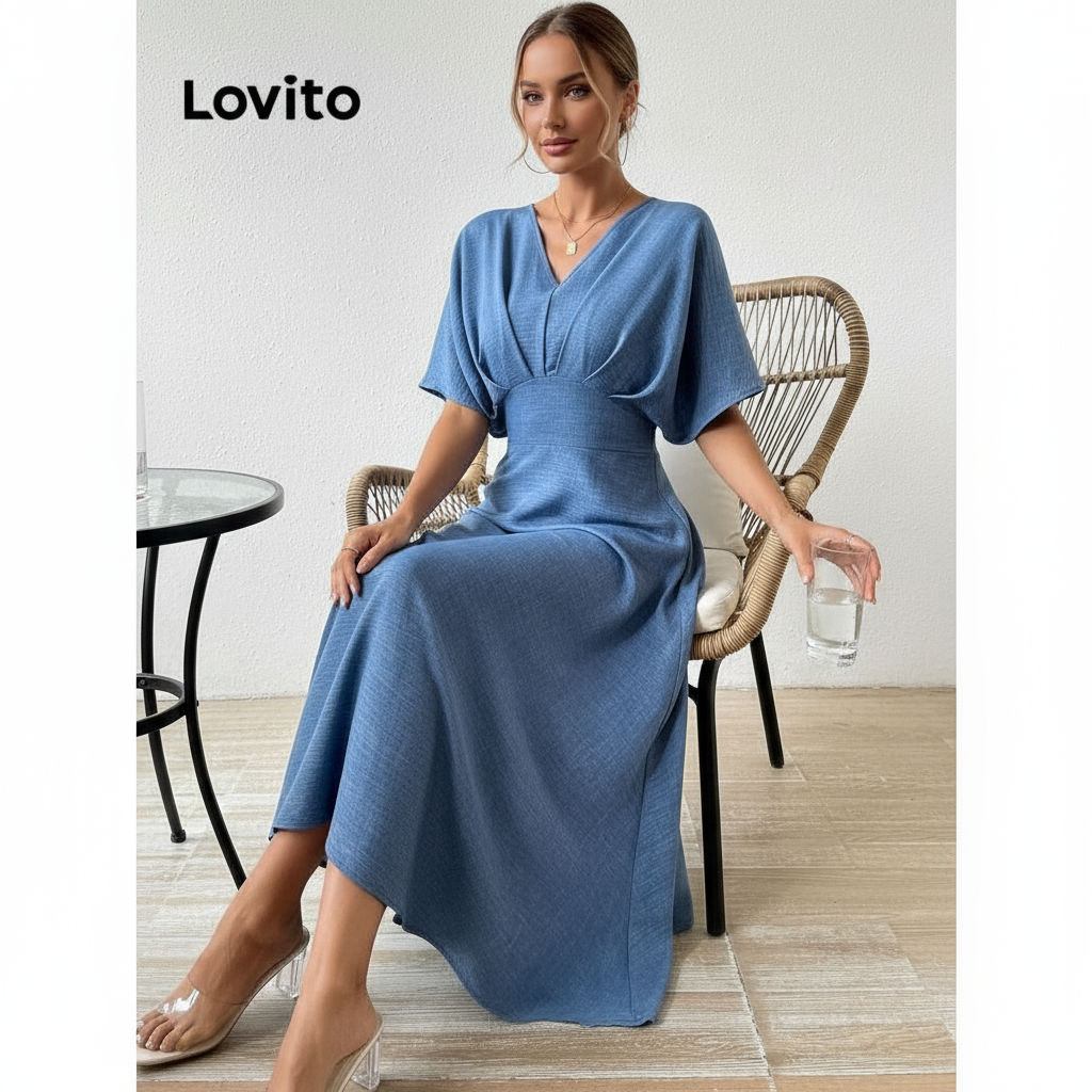 (Lovito x Ana) Vestido Feminino Elegante Com Pregas E Corte Estruturado Primaver