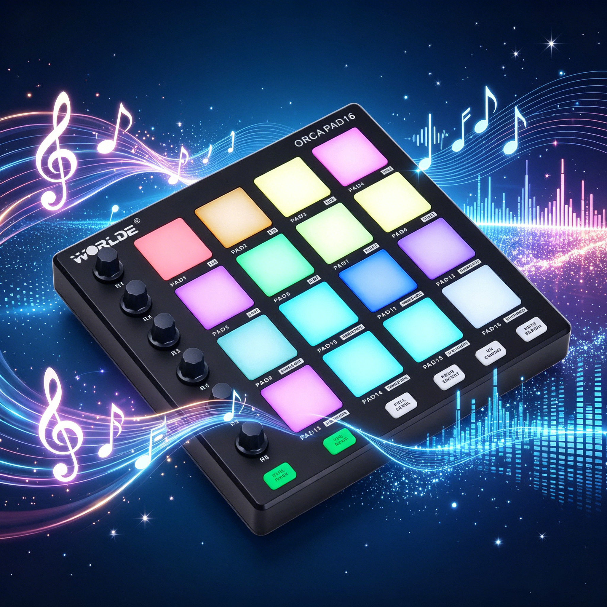 WORLDE ORCA PAD16 MIDI Tambor Pad Portátil Beat Maker 16 Almofadas RGB 6 Botões Alimentados Por USB Para DJ Produção Est