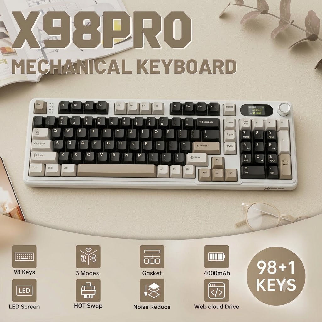 Teclado Mecânico Sem Fio Attack Shark X98 Pro, Keycaps PBT com Impressão Lateral