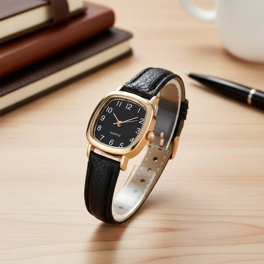 Relógio Feminino Quadrado, Mostrador Pequeno, Relógio de Quartzo com Pulseira de Couro Retrô para Estudantes, Acessório