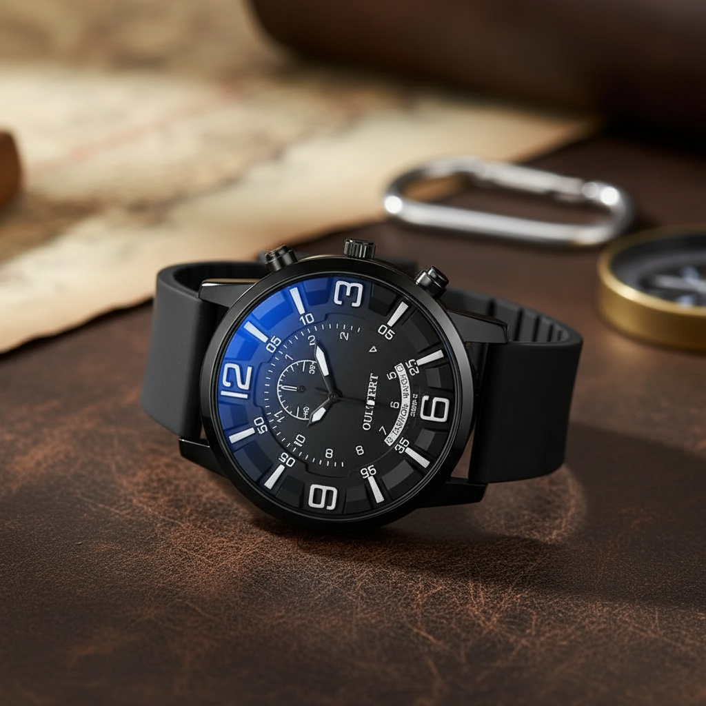 Relógio de ferro masculino com rosto 3D, vidro protetor de luz azul e pulseira de silicone atlética.