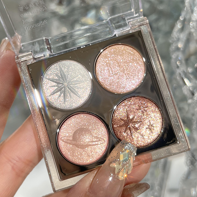 Paleta de Sombras DIKALU Quatro Cores: Aurora Glitter com Brilho Intenso, Tons Rosa-Roxo-Marrom