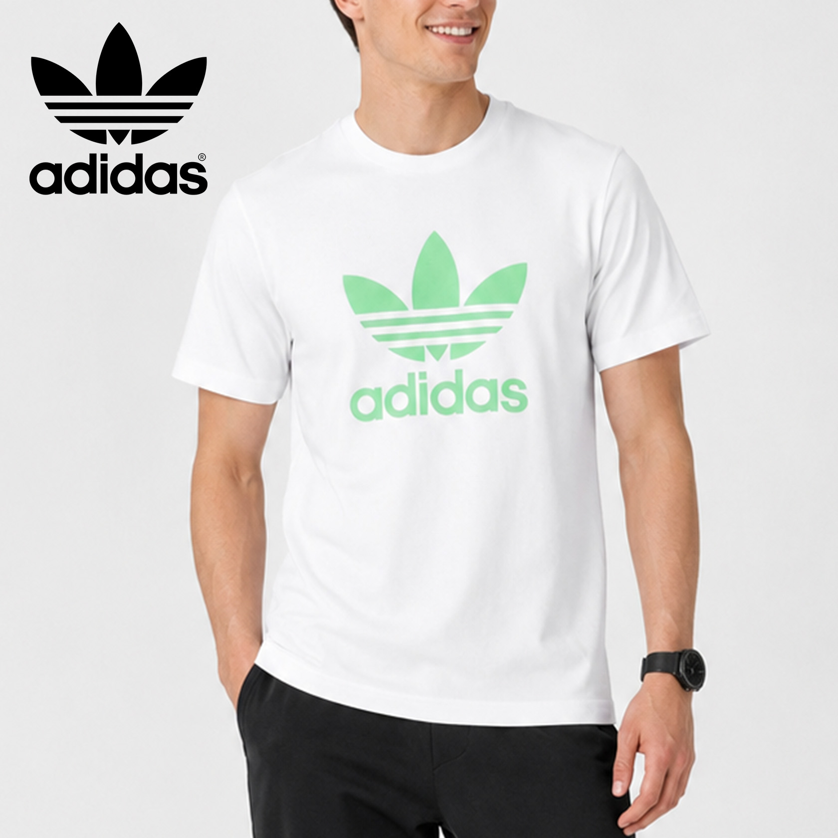 Camiseta masculina Adidas com logo da marca American retro, estampa, gola redonda, manga curta, branca e verde