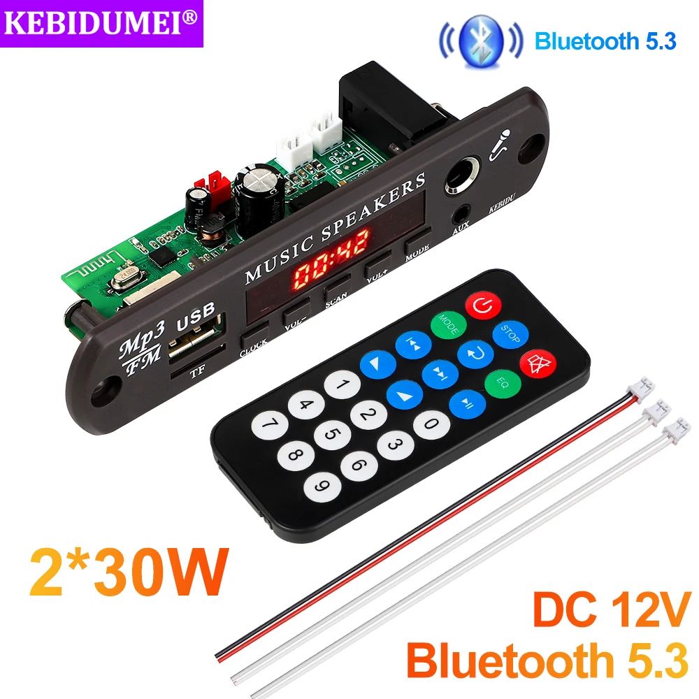 MP3 60W Dec oder Board Bluetooth 5.0 MP3 Player 12-20V Sem Fio Relógio Mundial Microfone TF AUX Rádio FM Para Alto-Falan
