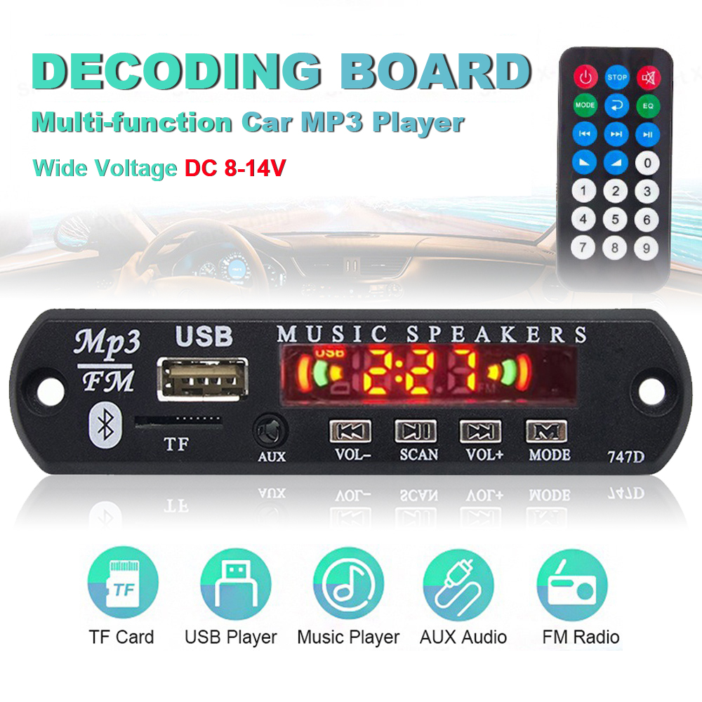 Módulo Bluetooth 5.0 MP3 USB/TF 12V – Rádio FM, Controle Remoto, Display Colorido para Áudio Automotivo