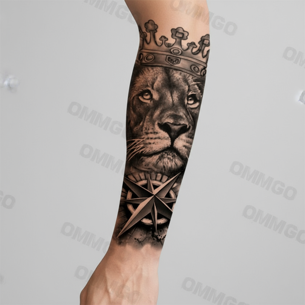  Adesivo de Tatuagem Temporária Realista - Leão, Bússola, Coroa, Arte Corporal à Prova d'Água para Mulheres e Homens