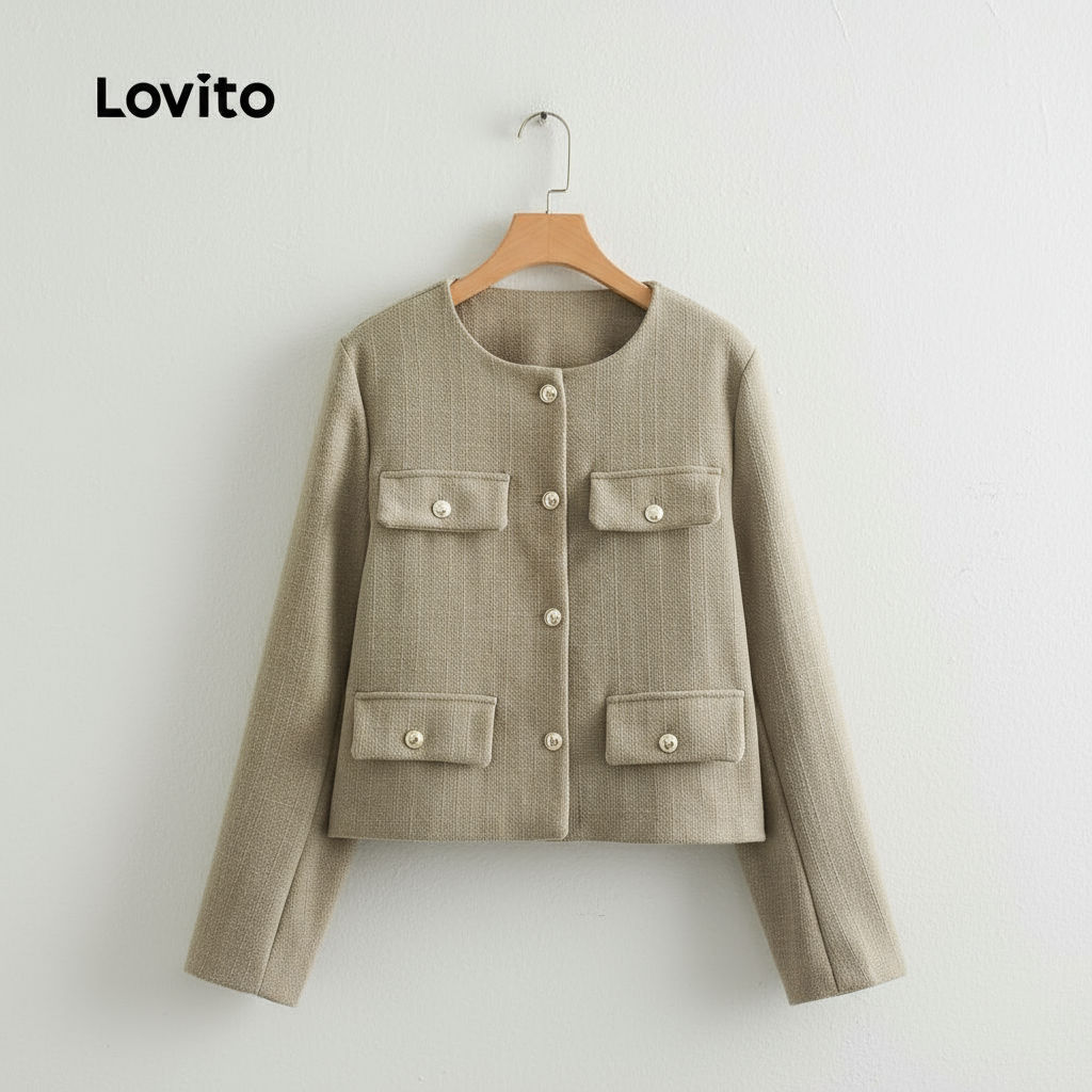 (trendy4) Lovito Casaco elegante com botões lisos para mulheres LNL99834