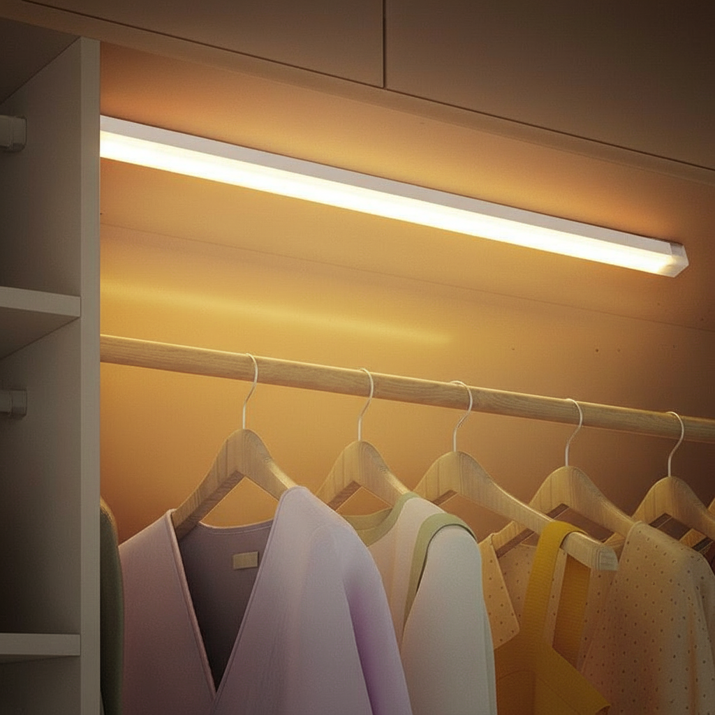 Luz LED sob prateleira com tira magnética, sensor de movimento, carregamento USB