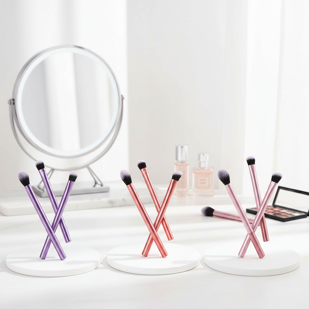 Conjunto de 3 Pincéis de Maquiagem – Iluminador, Sombra e Corretivo | Kit de Ferramentas de Beleza para Levar a