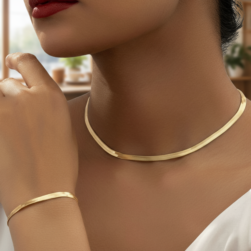  Conjunto de Joias Femininas 2 Peças em Ouro, Acessórios de Pulseira e Colar Corrente de Cobra Plana Clássica
