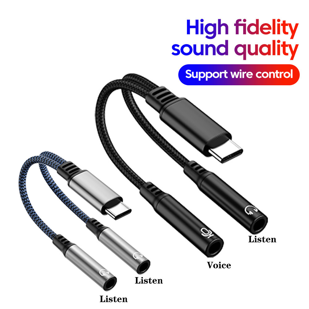 Adaptador de áudio USB-C DAC 2 em 1 para duplo conector de 3,5 mm para microfone e escuta.
