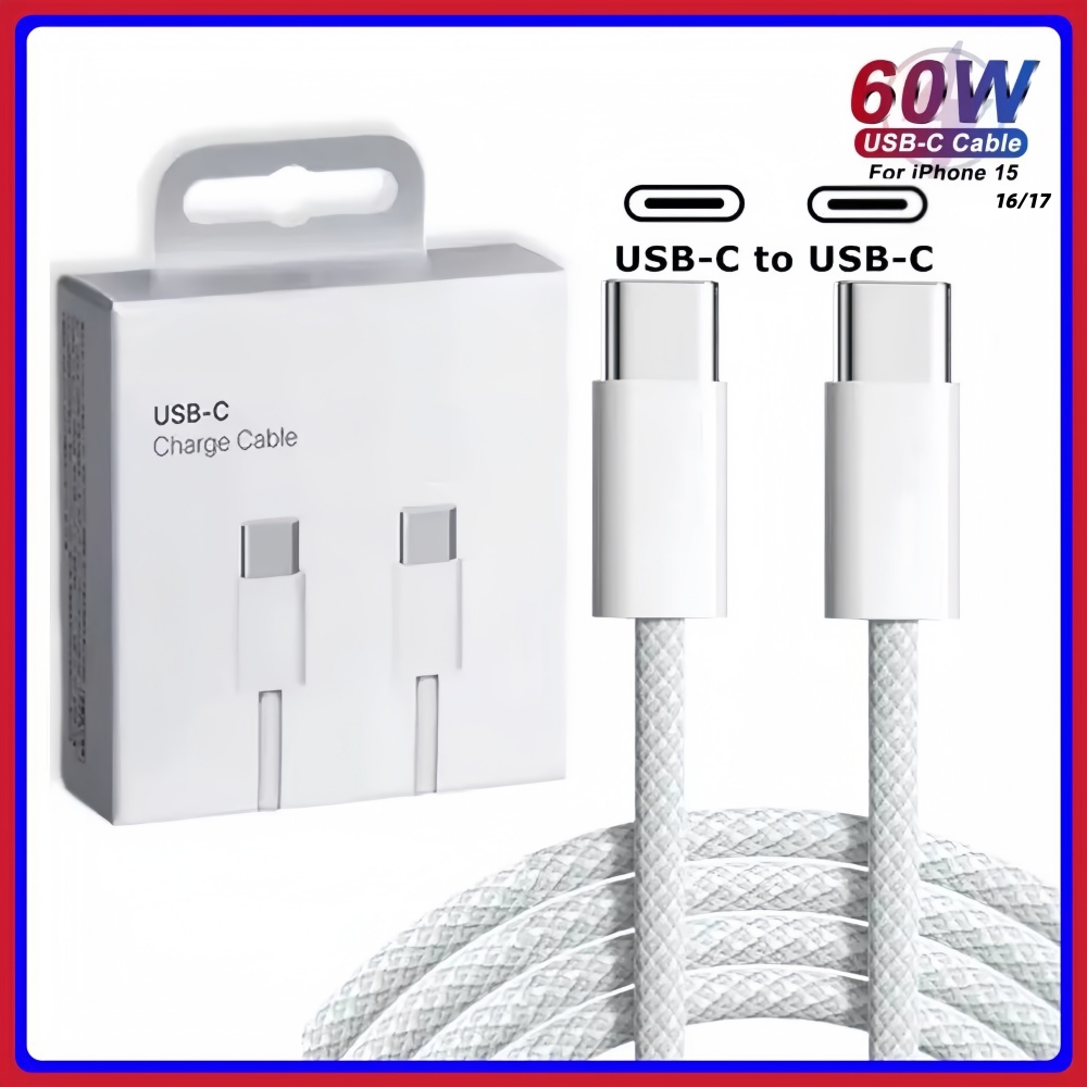 Cabo de Carregamento Super Rápido Duplo Tipo C 60W para iPhone 15 16 17 Pro Max e iPad Macbook iMac