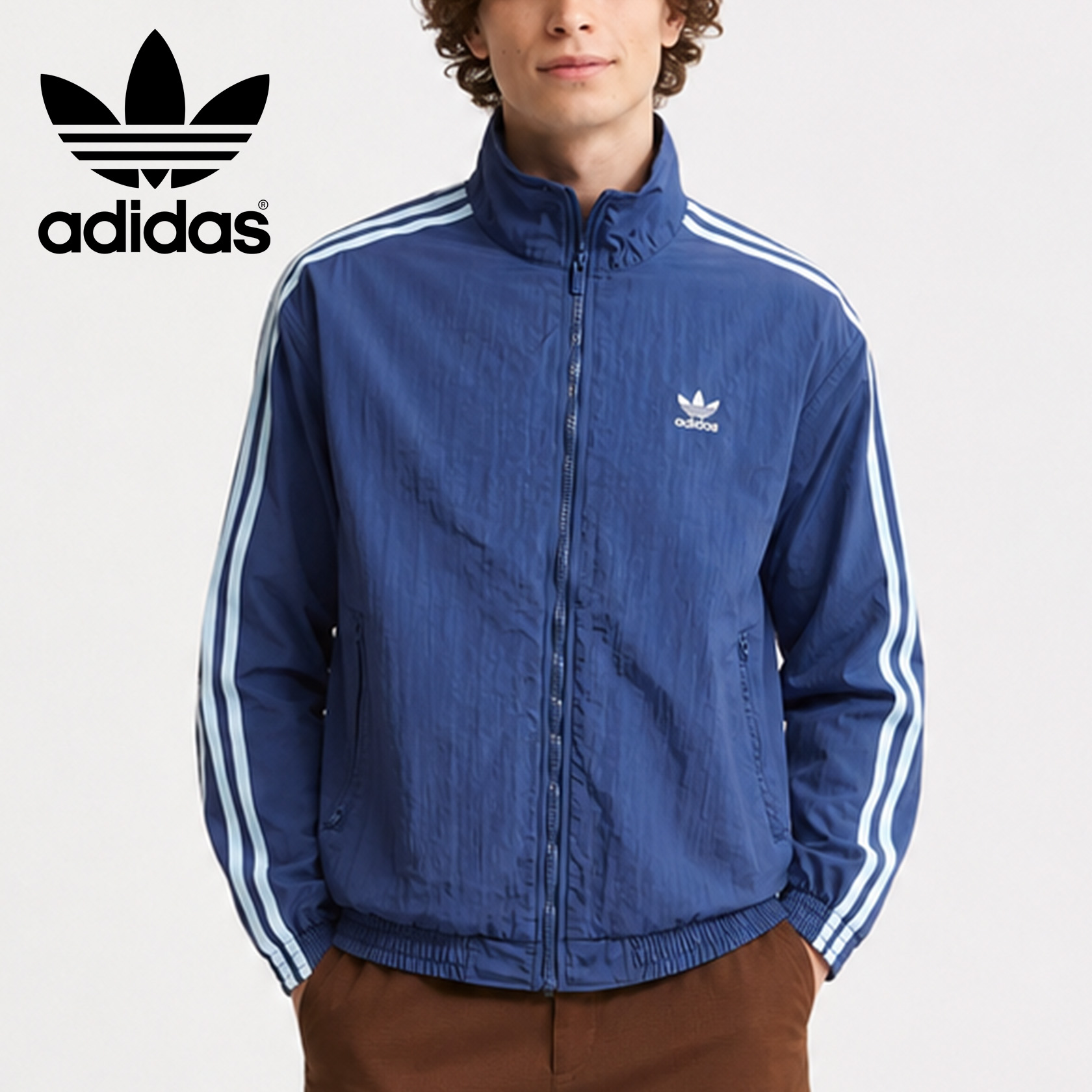 Jaqueta masculina Adidas Originals de gola alta com zíper, manga longa e logo