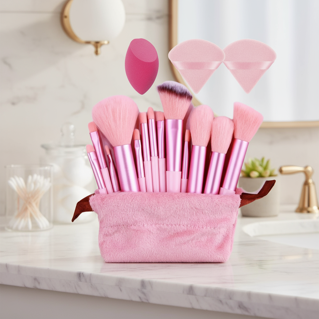 Kit de 13 Pincéis Rosa com 2 Esponjas Triangulares Rosa e 1 Misturador Angular Rosa, Conjunto Profissional de Maquiagem