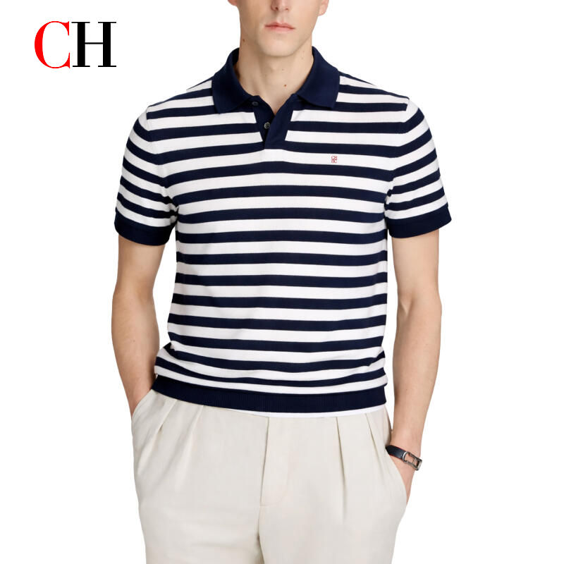 Camisa Polo Masculina Casual Listrada em Malha, Manga Curta, Estilo Preppy Retrô, Respirável, Uso Di