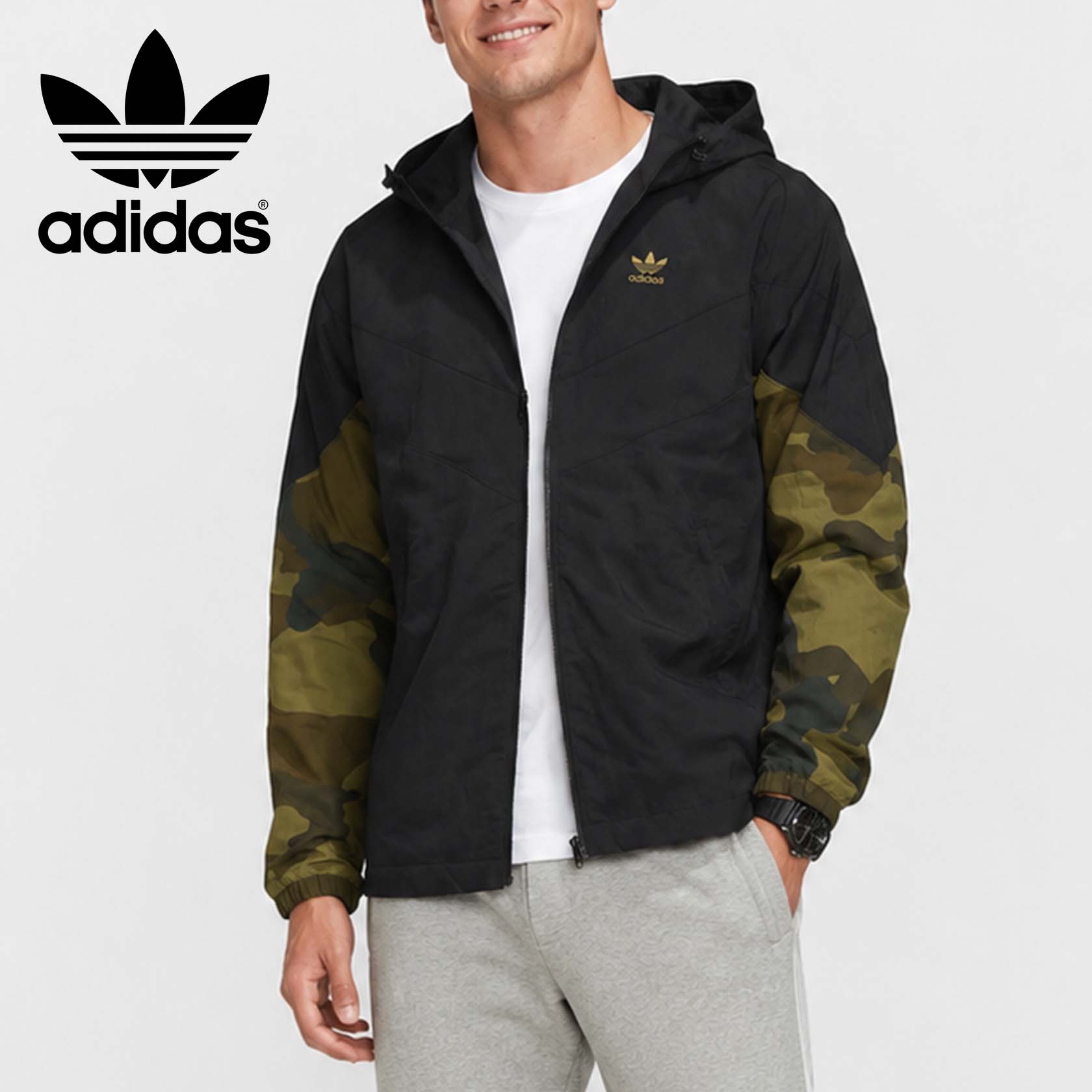 Jaqueta esportiva de moletom com capuz Adidas Origins Camouflage Splicing masculina