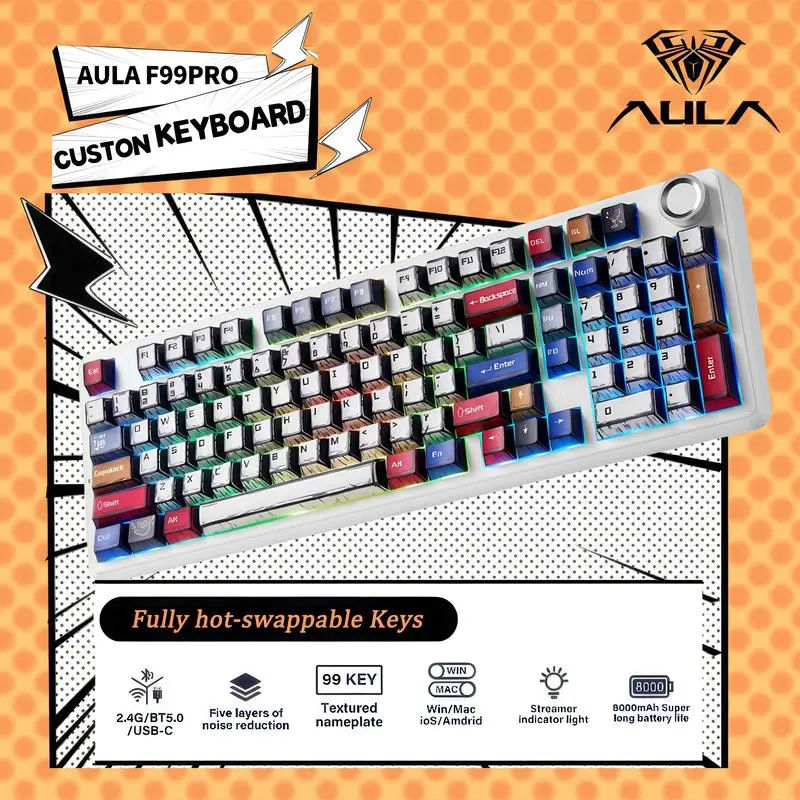 Teclado mecânico AULA F99 Pro sem fio para jogos, teclado mecânico Bluetooth com troca a quente, personalizado, teclas