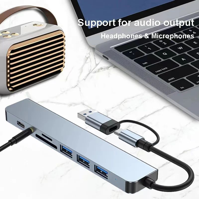 Hub USB 8 em 1 com divisor, leitor de cartões TF/SD e porta USB-C; estação de acoplamento USB 3.0 para MacBook