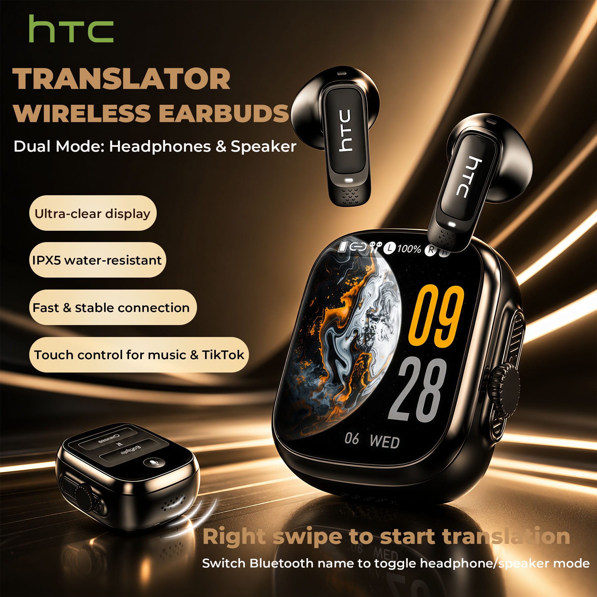 Fones De Ouvido HTC NE72 Em Tempo Real AI Tradutor Touch Screen Bluetooth 6.0 Switch Alto-Falante Dual 40H Bateria De Lo