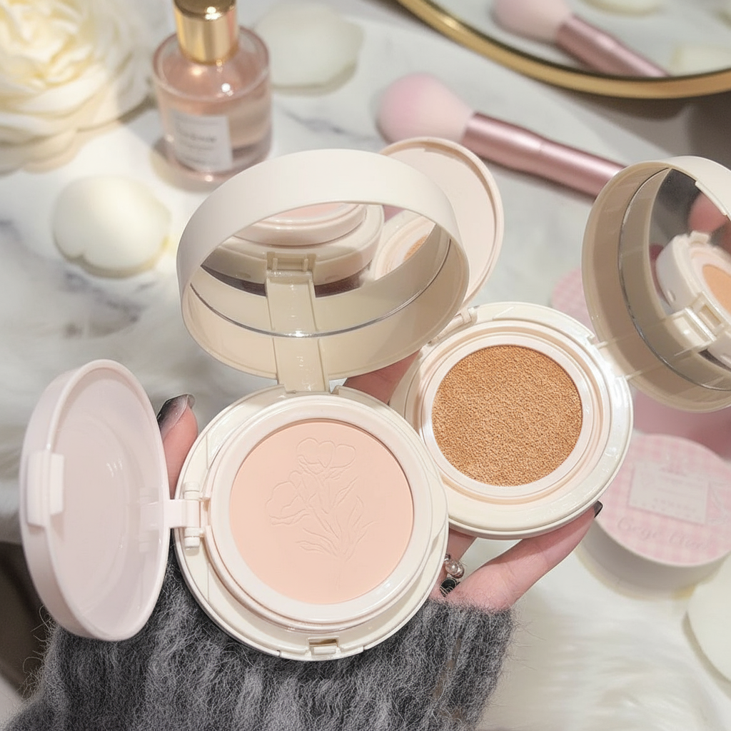 Gege Bear 2 em 1 Base Cushion BB Cream e Pó Fixador com Espelho Tamanho Viagem à Prova d'Água