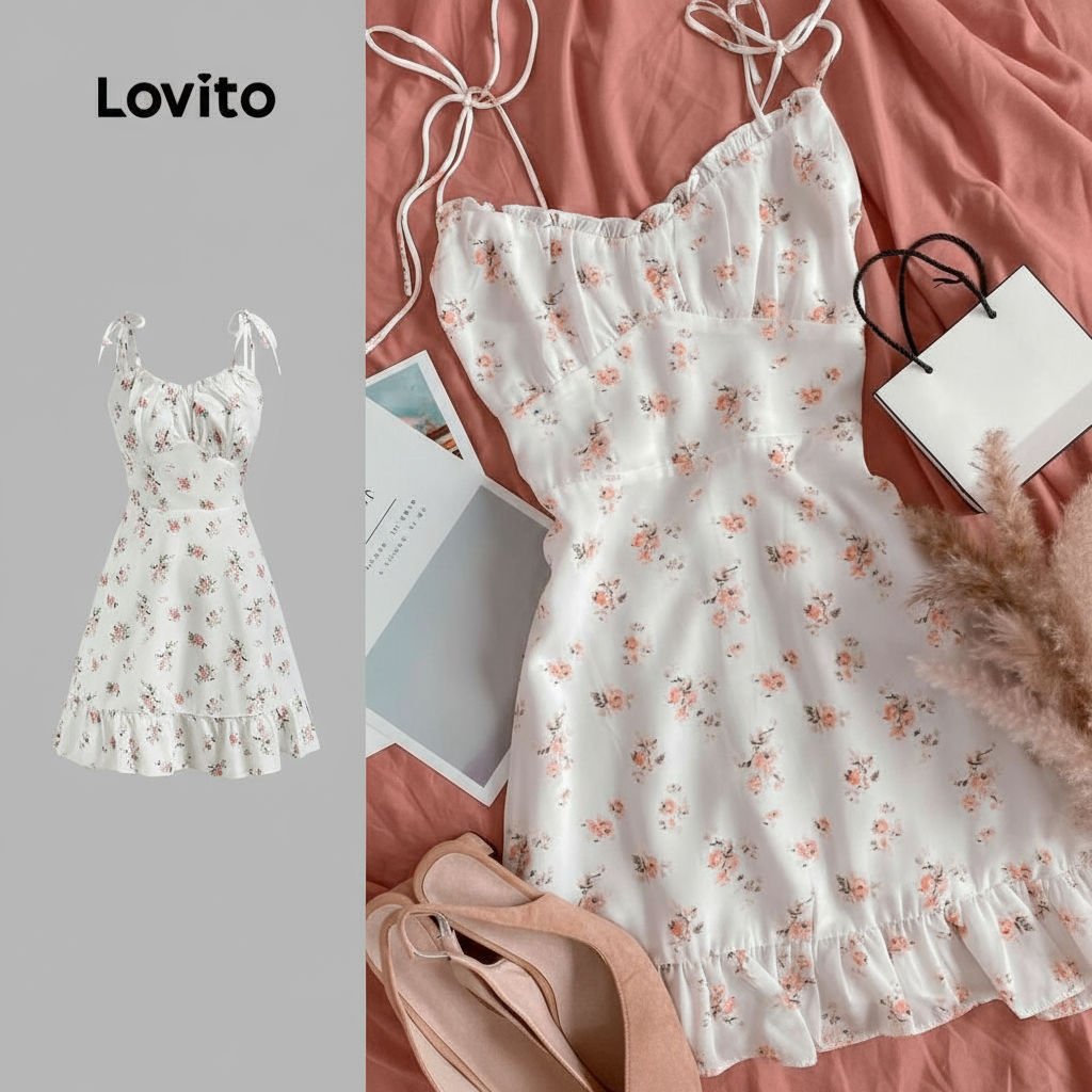 (Lovito x Ana) Férias Vestido Feminino Renda Floral Com Babados Bainha Plissada Primavera/Verão L120LD1273