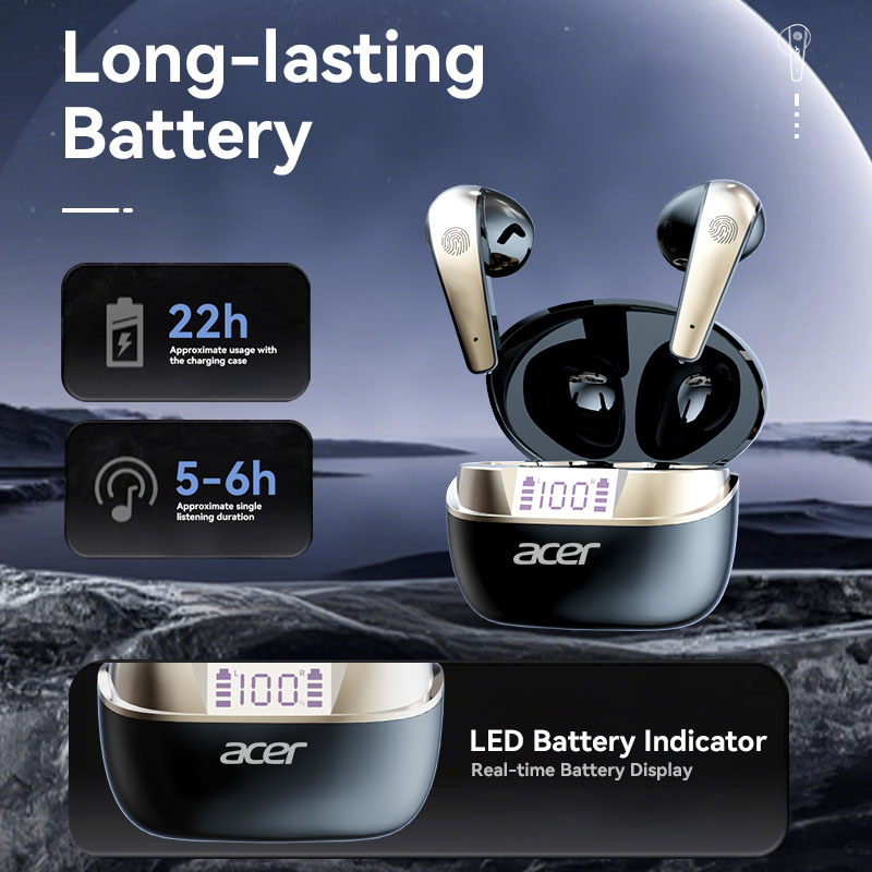 Fone de Ouvido Bluetooth Original Acer OHR554 com Clipe de Orelha, Earbuds com Microfone, TWS, Longa Duração de Bateria