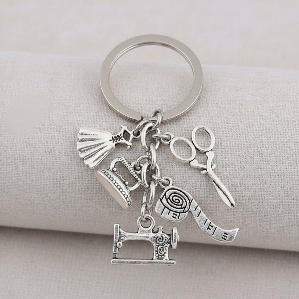 Chaveiro criativo com máquina de costura, ferro de passar, fita métrica e tesoura, anel de chave para vestido feminino,