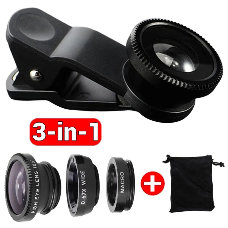 Lente Micro 3 em 1 Grande Angular Fisheye para Iphone Xiaomi Redmi, Lente Zoom Fisheye 3 em 1 para Smartphones com Clipe