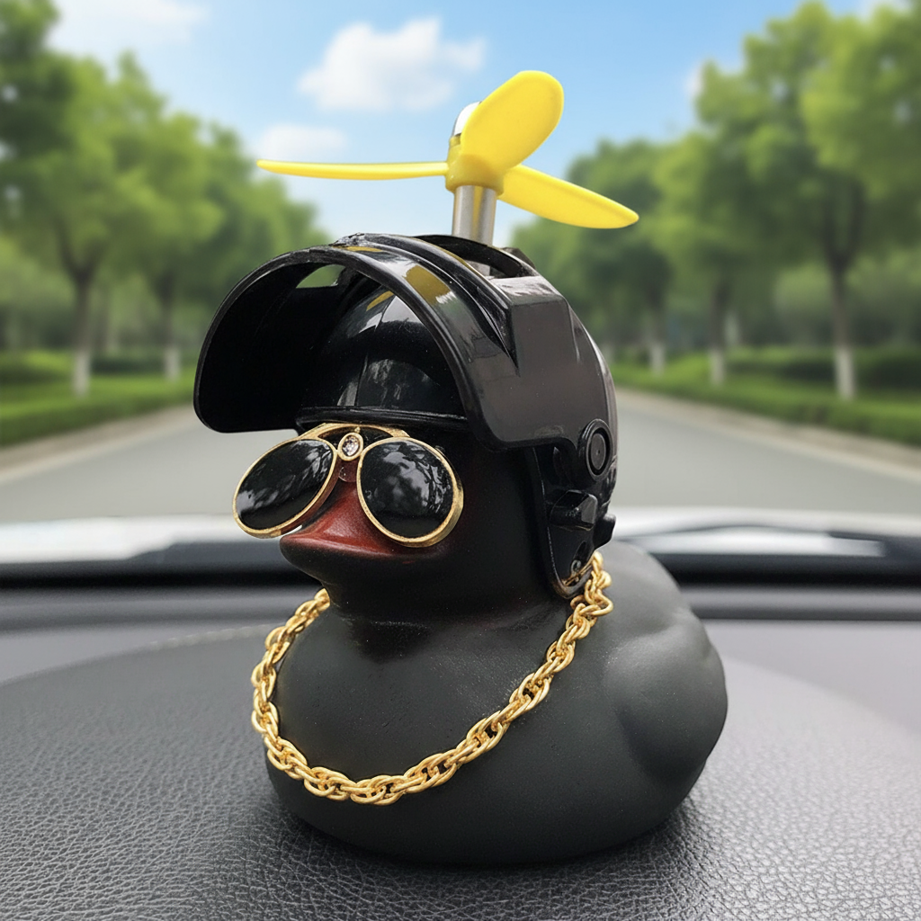 1pc Ornamento de Carro DIY Pato Preto com Capacete Hélice de Bambu Pato Quebrador de Vento Sino de Bicicleta Pato