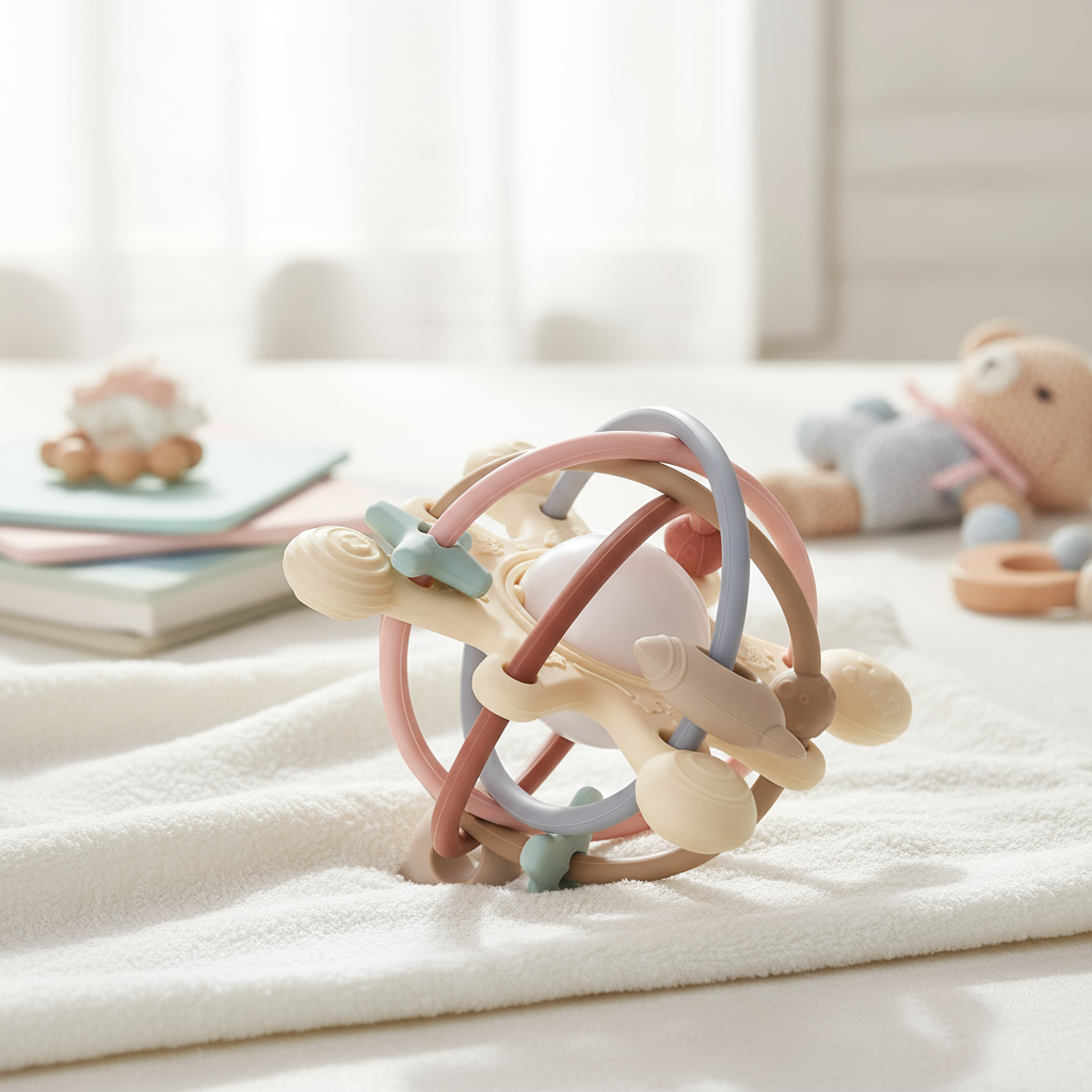 Chocalho Sensorial e Mordedor de Silicone, Bola com Sino para Berço, Brinquedos para Recém-Nascidos, Presentes para