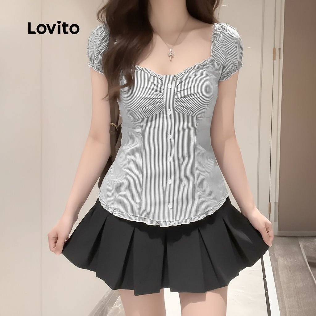 Detalhes do Lovito Blusa Feminina Casual Listrada com Botões e Pregas para Verão/Primavera L133AD630