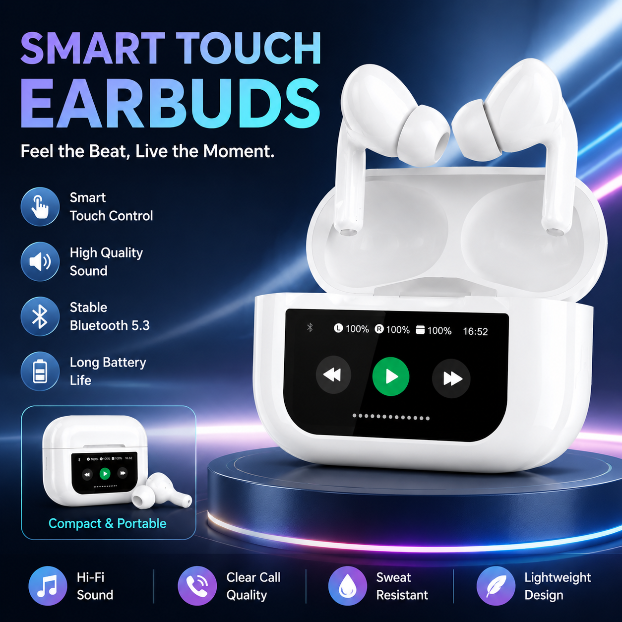 Fones de Ouvido Bluetooth TWS 5.4, Fones Intra-Auriculares Mini Earbuds Digitais, Smart Display, ANC, HD com Microfone,