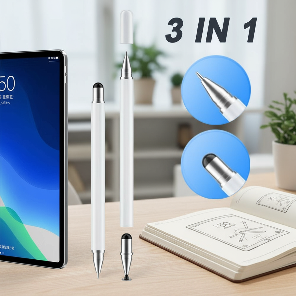Caneta Stylus Universal 3-em-1 Compatível com iPad, Tablets Android, iOS, Samsung, Xiaomi