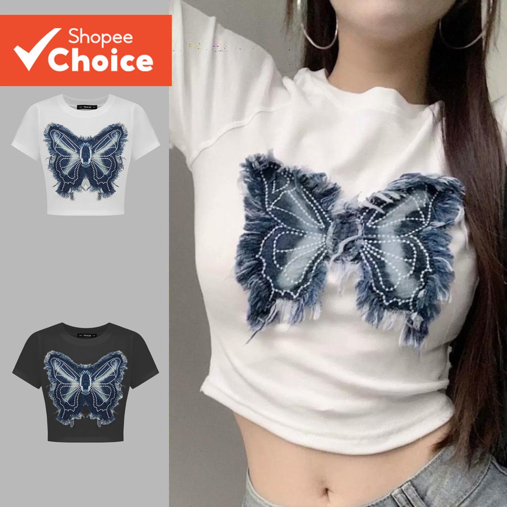 Lovito Blusa Feminina Fofa com Patch Borboleta, Laço e Efeito Lavado L97AD165
