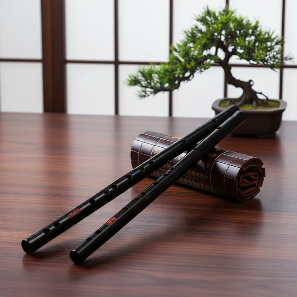 Flauta Mágica Chinesa Dizi - Instrumento de Bambu Preto, Teclas C D E F G, Design Inspirado em Wei Wuxian