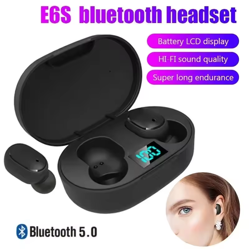  Fones de Ouvido Sem Fio Bluetooth E6S TWS com Microfone, Visor LED, Estéreo, Cancelamento de Ruído, com Cabo de