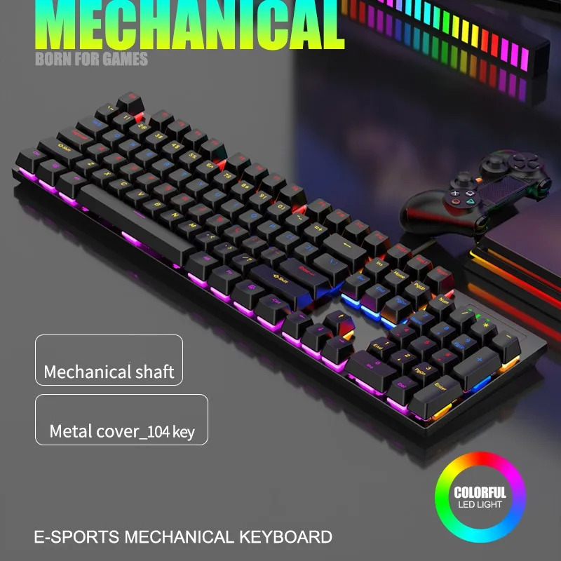 Teclado Mecânico com Fio de 104 Teclas 20 Modos de Iluminação Colorida para Jogos e Escritório Compatível com Microsoft
