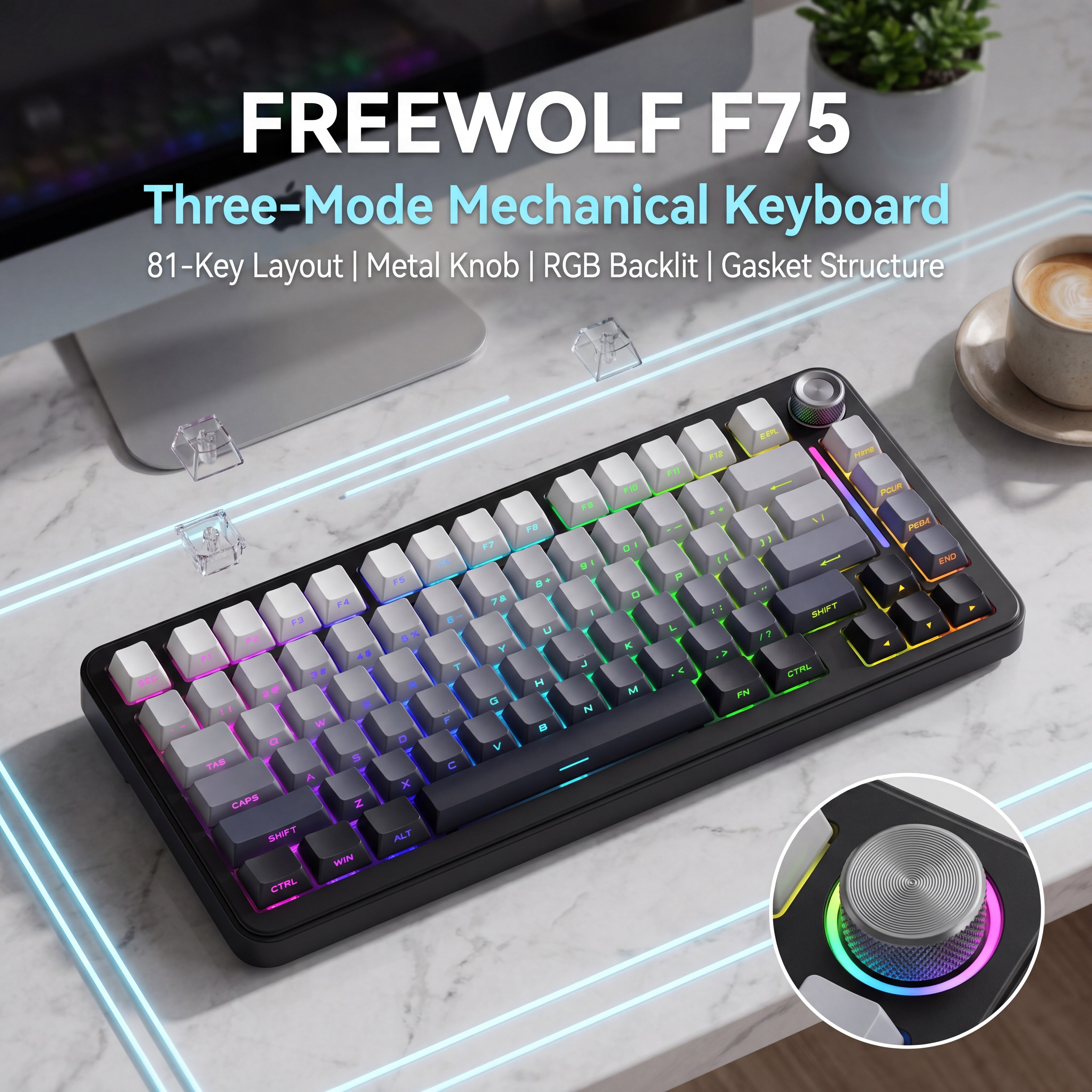 Teclado Magnético FREEWOLF F75 Compacto Teclado Mecânico de 75% Anti-Fantasma Chaves OUTEMU Silver Moon Linear Switch