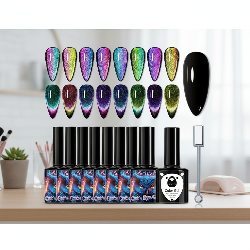 10 peças conjunto de gel de unha olho de gato 7,3ml, efeito arco-íris magnético, esmalte em gel, secagem em UV LED, kit