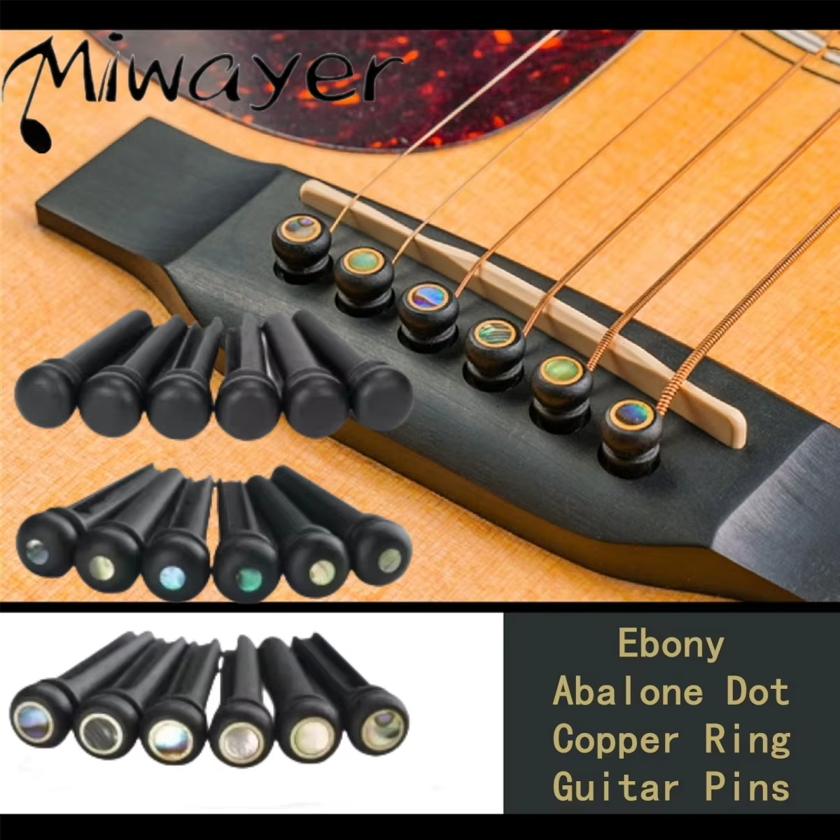  Miwayer Ebony Guitar Bridge Pins 6pcs para 6 e 12 Cordas Violão Acústico Pinos Fixos de Cordas