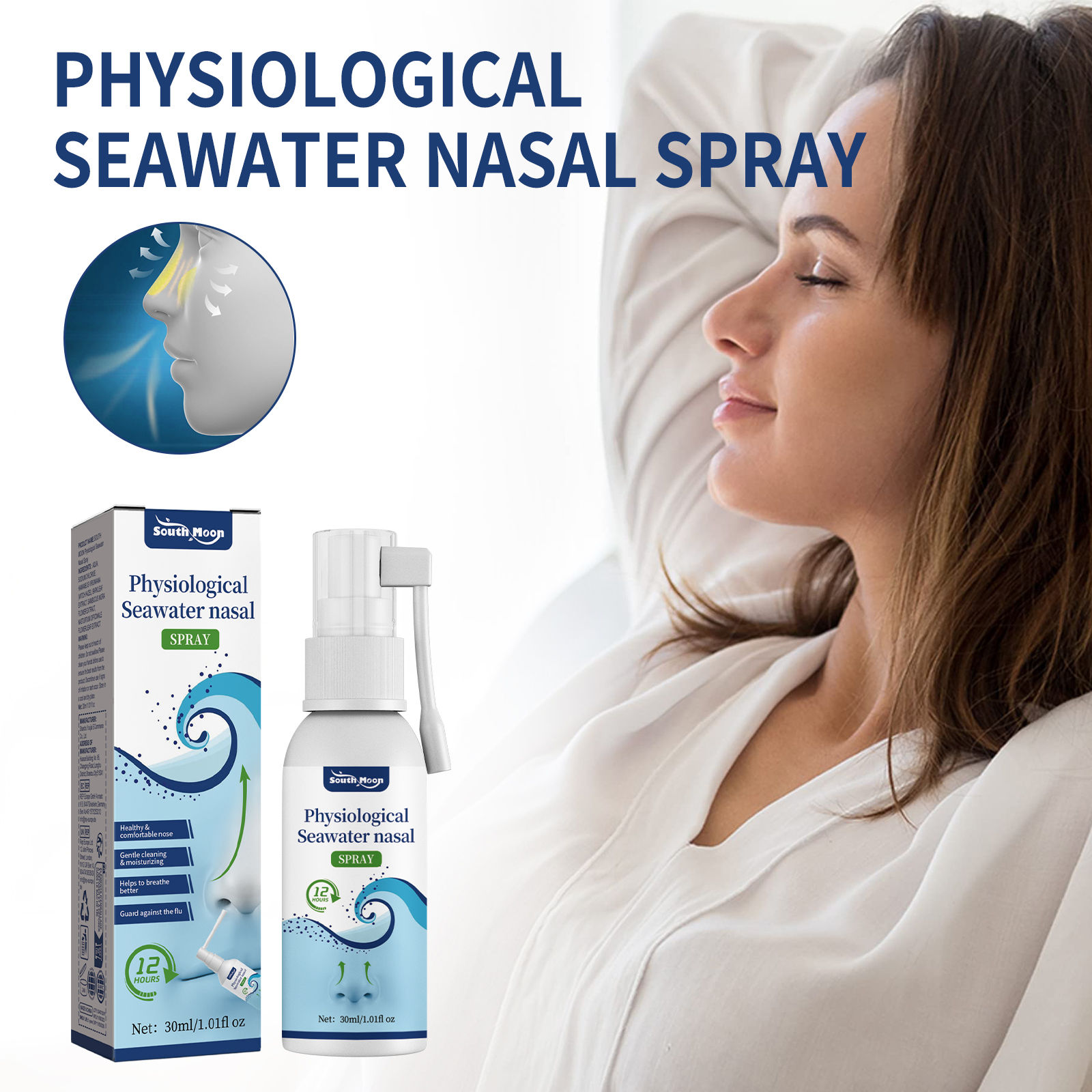 Spray Nasal 30ML para Alergias Sinusais, Água do Mar Fisiológica Salina, Ação Rápida, Spray Hidratante - 30ml