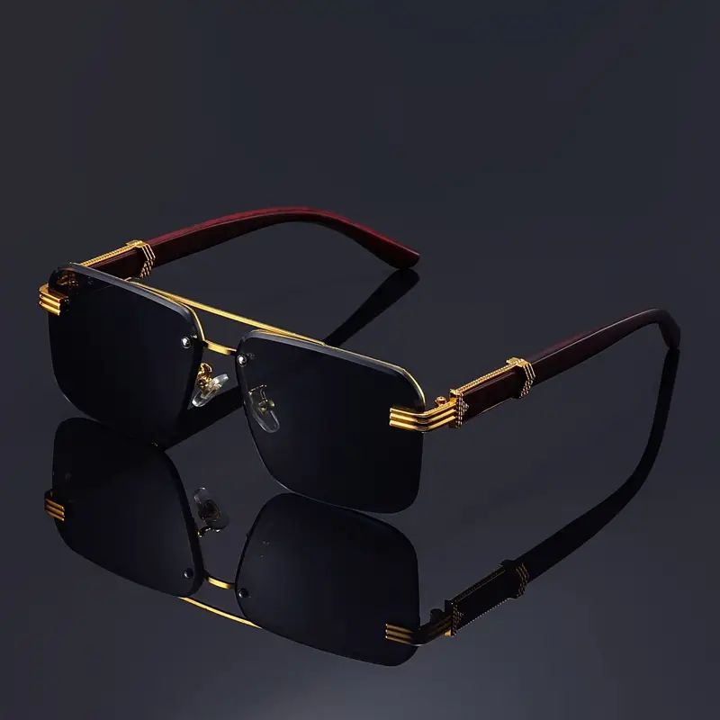 Óculos de sol masculino retrô quadrado sem armação - Proteção UV, leve, hastes com padrão de madeira em Oferta na Shopee