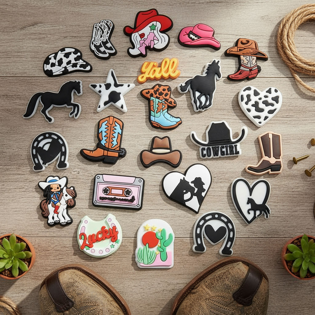 Encantos de Cowboy em PVC para Crocs - 23/30/42 peças, acessórios para sapatos estilo ocidental, sandálias, presentes