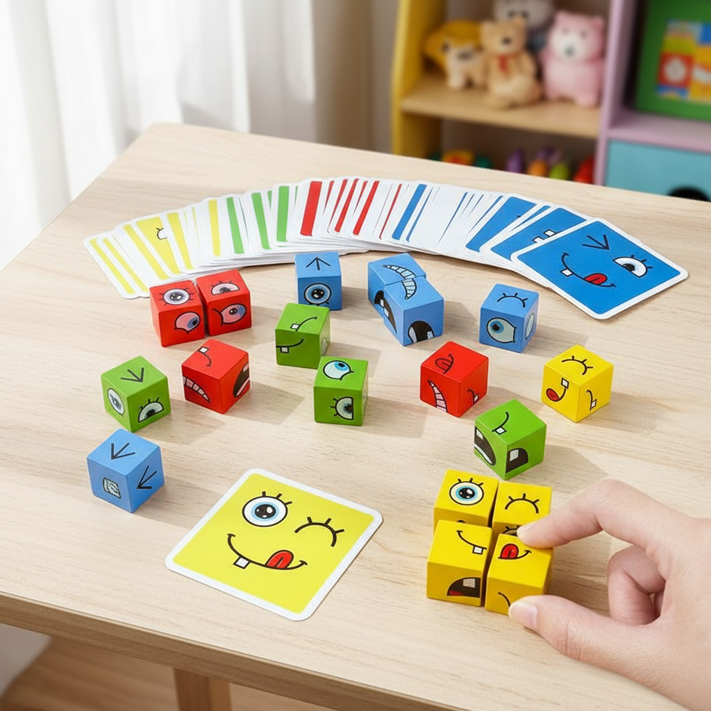 Conjunto de Blocos de Montar Cubo de Troca de Rosto - Jogo de Tabuleiro Educativo Infantil para Estimular o Cérebro e