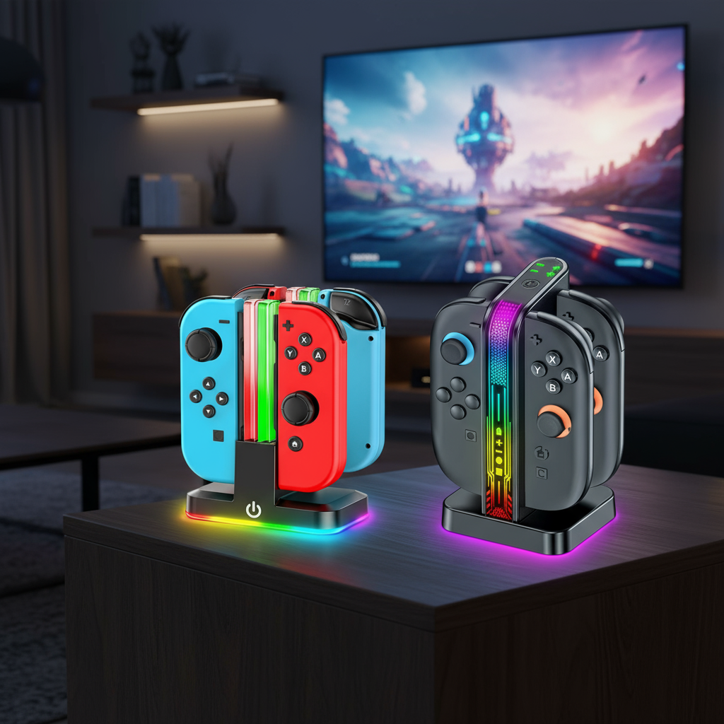 Estação de Carregamento 4 em 1 RGB para Joy-con do Nintendo Switch/Switch 2, carrega 4 controladores com cabo USB-C.
