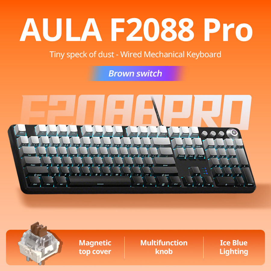Teclado mecânico AULA F2088pro – 108 teclas com design gradiente impresso nas laterais e switches brown; teclado gamer