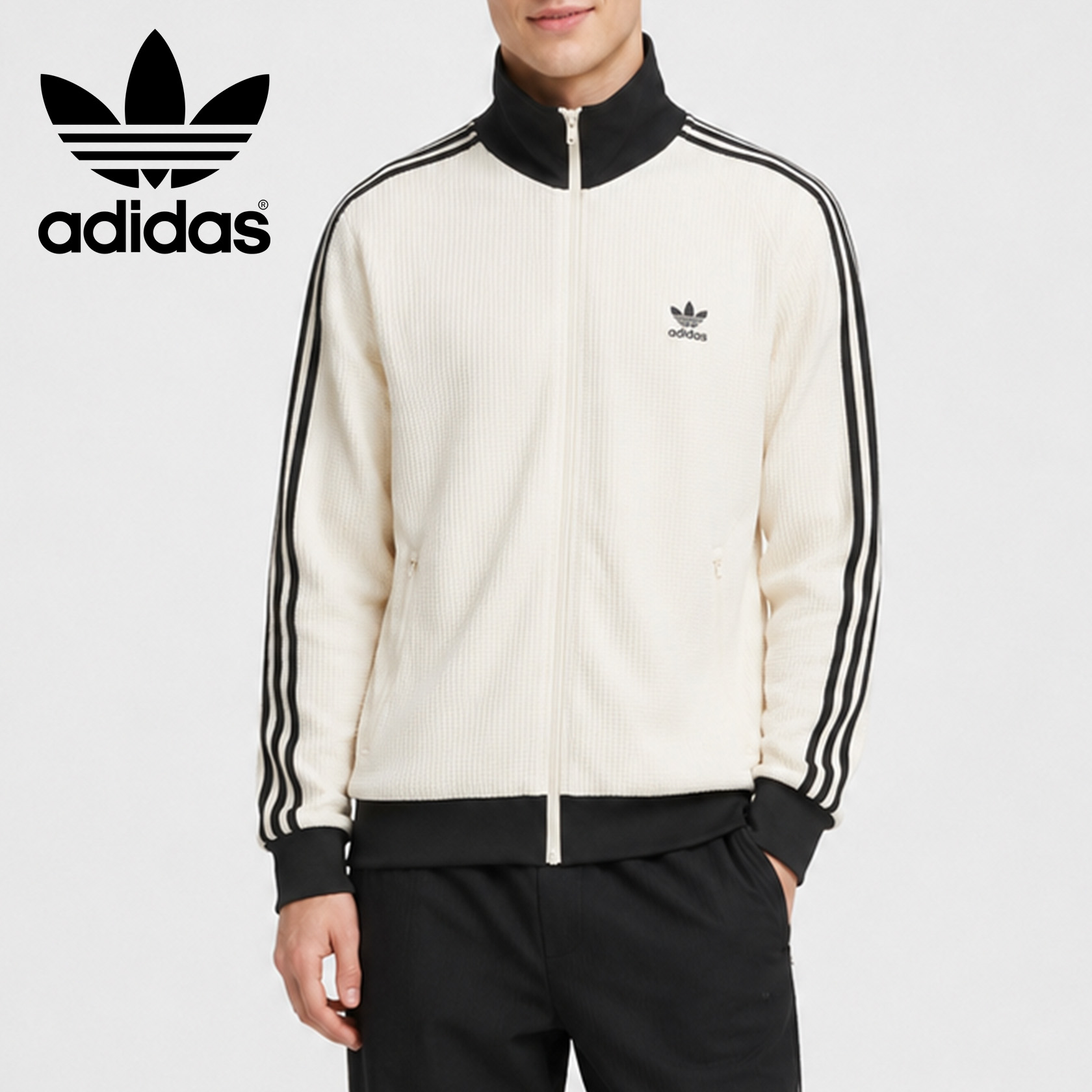 Coleção Trevo Adidas Originals - Jaqueta esportiva casual com zíper, gola alta, manga longa, listras clássicas, estilo