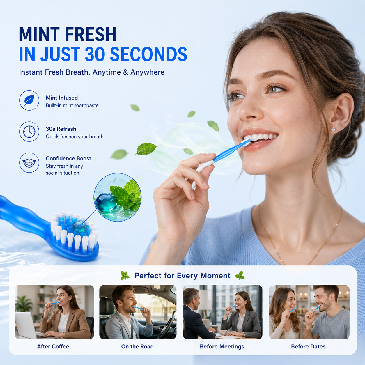 Kit de Escova de Dente Portátil sem Água Freegrin com Fio Dental & Raspador de Língua, Menta Explosiva, Bead Tech, 12 — imagem 2 de 2