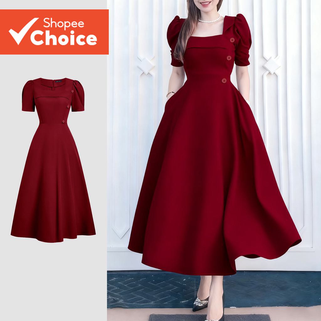  Vestido feminino elegante e assimétrico da Lovito, confortável e estiloso, para primavera/verão, cor granada.